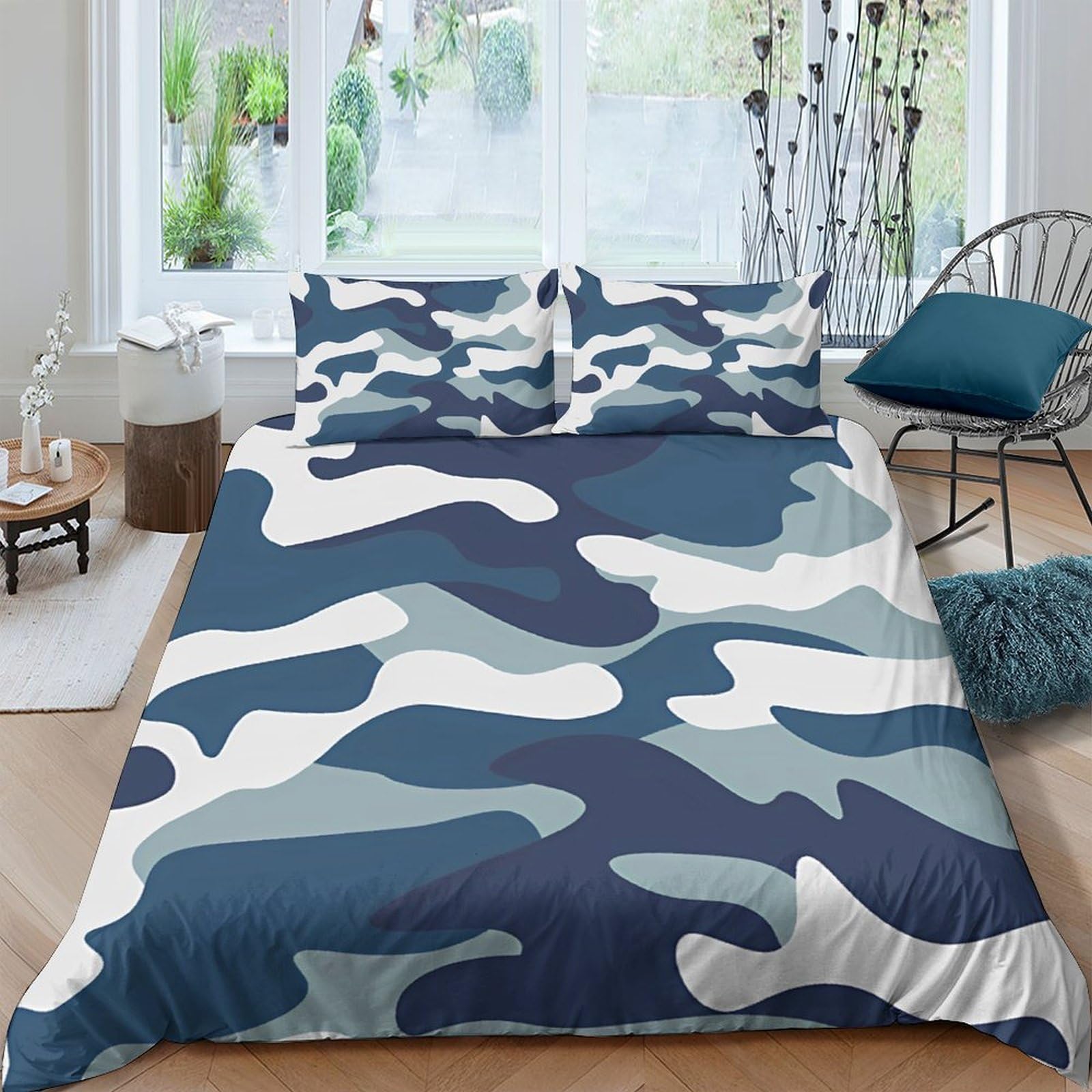 Ctjqhvkz Style-1 3D Printed Blue Camouflage Fitted Sheet Microfiber Soft Bedroom Decor Grey Army Bed Cover For Home Dorm Mattress Protection Single（135X200cm）