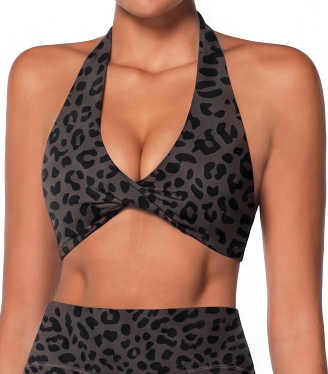 Sunzel Women's Halter Neck Sports Bra, Twist Front Yoga Crop Top with Removable Pads, Open Back V Neck Bra for Gym Workout