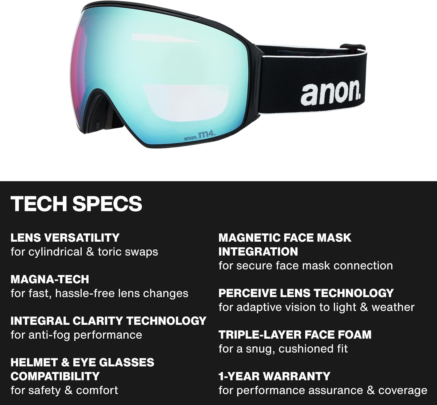 Anon M4 Unisex Toric Ski & Snowboard Goggles – Interchangeable, Anti-Fog Lens Technology, 100% UV Protection & Over the Glasses Fit – Black, Variable Blue Lens, Regular Bridge