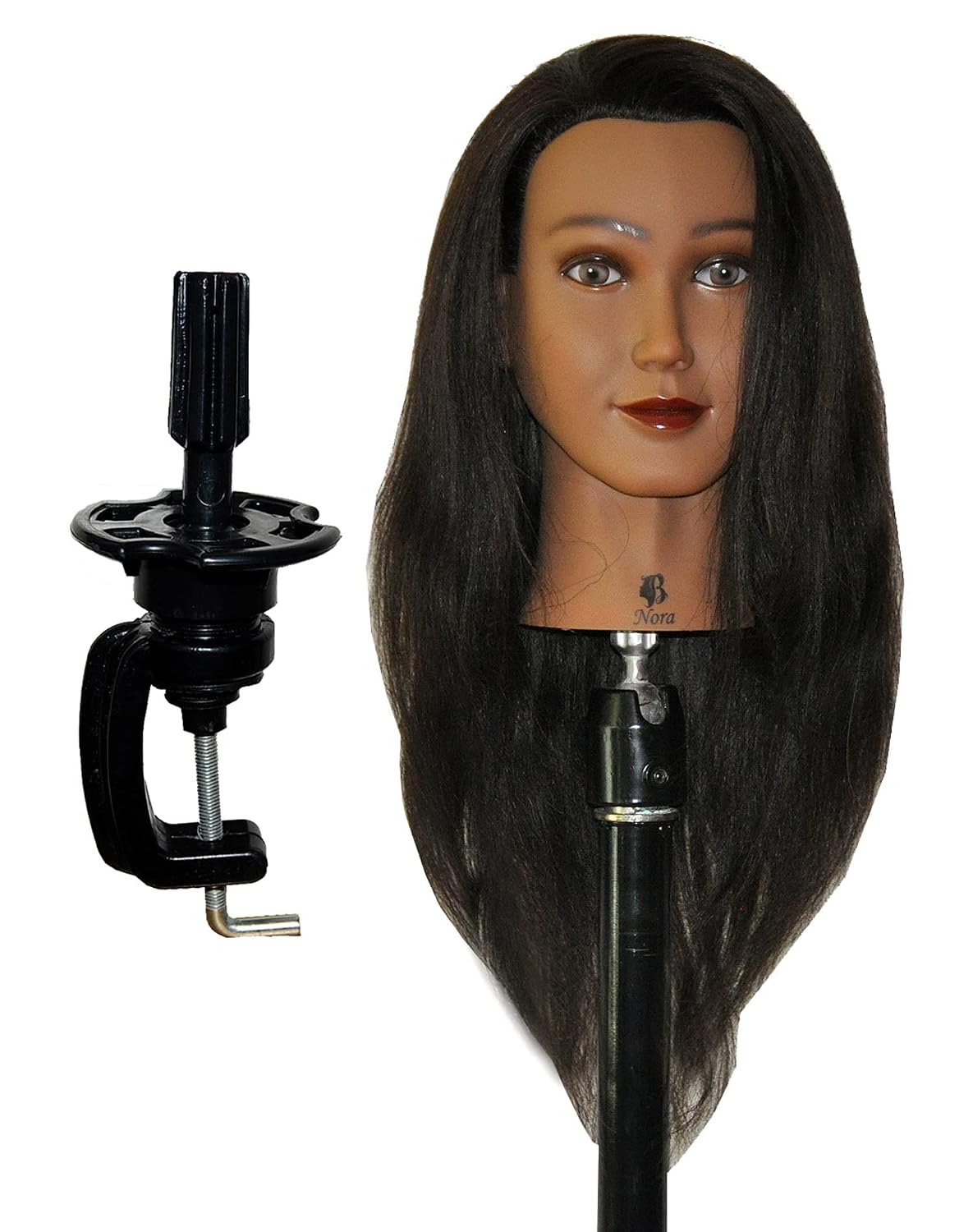 Bellrino 24" 100% Human Hair Cosmetology Mannequin Manikin Training Head with Clamp (24" ETHNIC SKIN ((NORA+NEW))