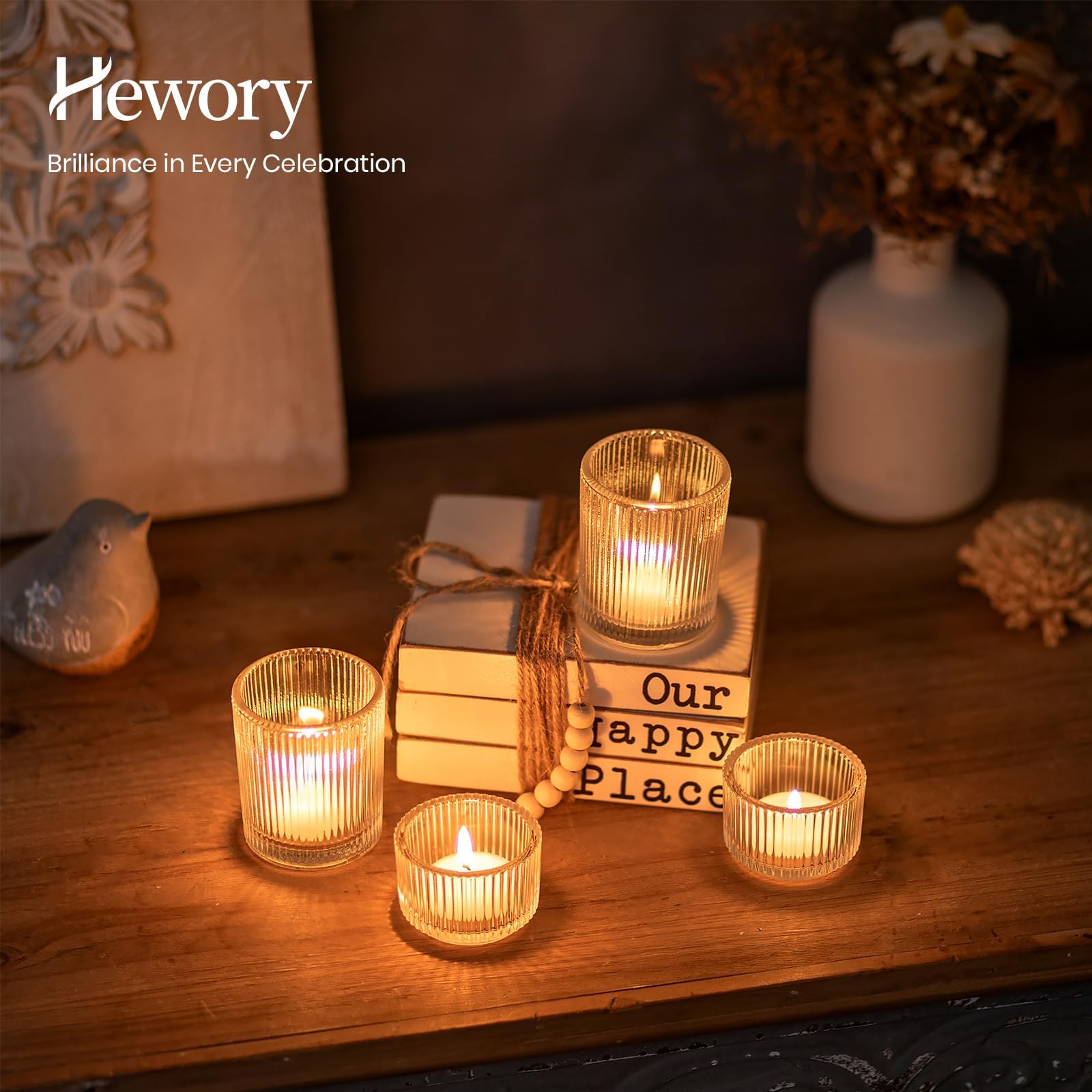 Hewory Photophore en verre : 24 bougeoirs votifs transparents | Bougeoir en verre nervuré pour centre de table, décoration de fête de mariage, Noël, fête prénuptiale, décoration d'intérieur