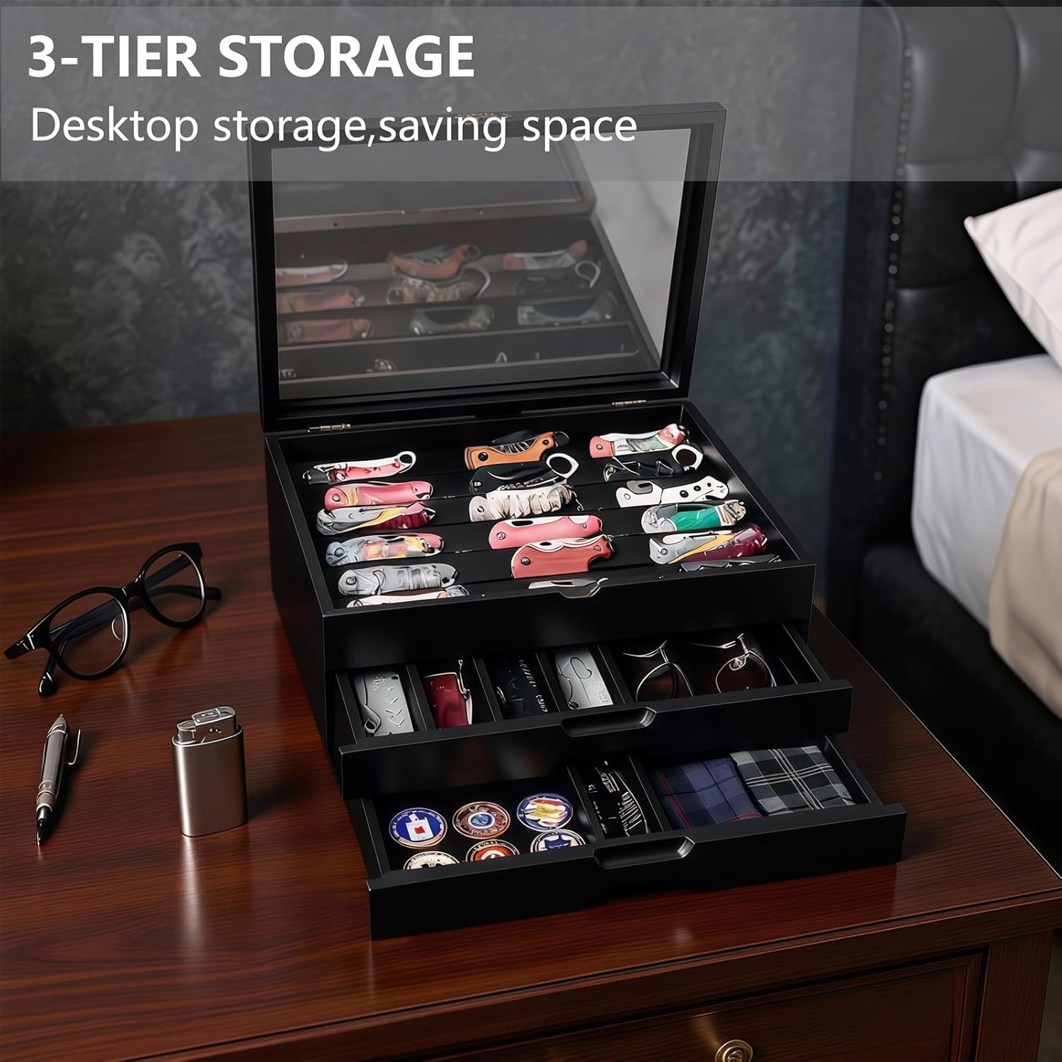 AUTOARK Knife Display Case Holds 43+ Knives,Large 3-Tier Wooden Organizer with Glass Top and Drawer,Gift for Men,Black,AHK-074