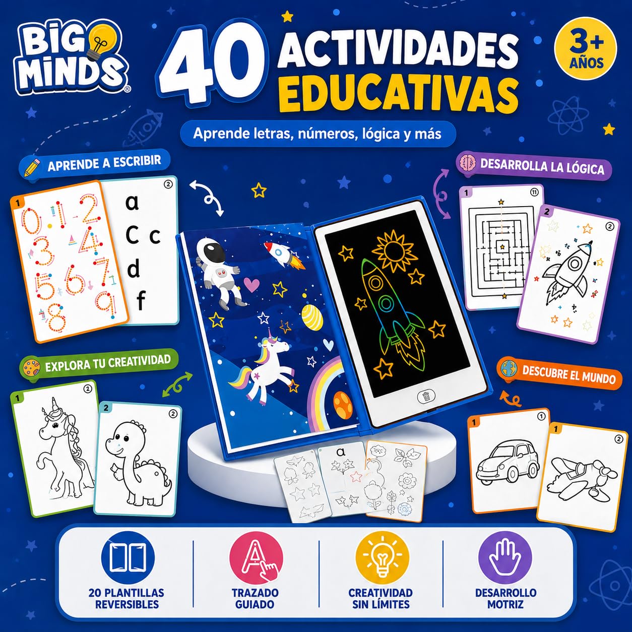 Big Minds - Pizarra Magica Infantil Space Lcd | Tableta Escritura Niños Formato Libro | Pizarra Magnetica Infantil 20 Plantillas Reversibles | Tablet Para Niños Borrable | Regalos 4 Años