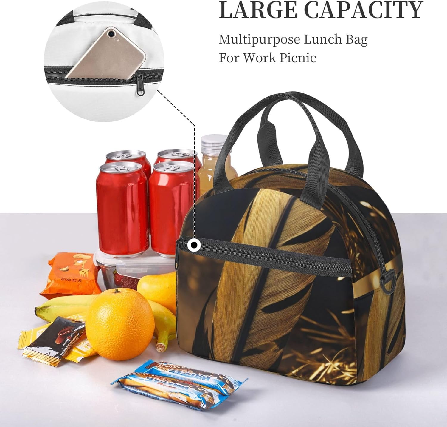 feather Print Reusable Lunch Bag Insulated Lunch Boxes for Office Work Picnic Tote Bag Adjustable