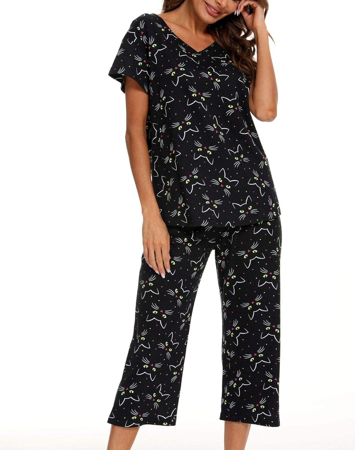 ENJOYNIGHT Womens Pajama Sets Cotton Summer Pjs Tops with Capri Pants Sleepwear - Image 5