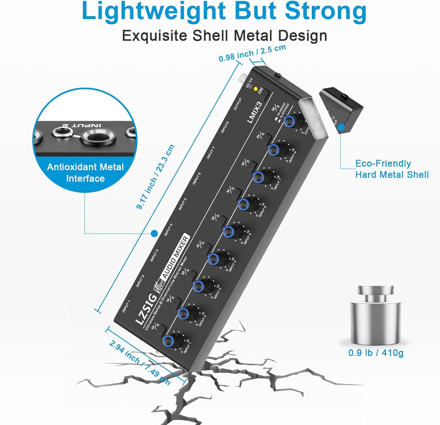 LZSIG Audio Mixer, Stereo Line Mixer for Sub-Mixing, Ultra Low-Noise, 8-Channel, 1/4" & 1/8" TRS Output and Input, for Drums, Guitars, Bass, Keyboards