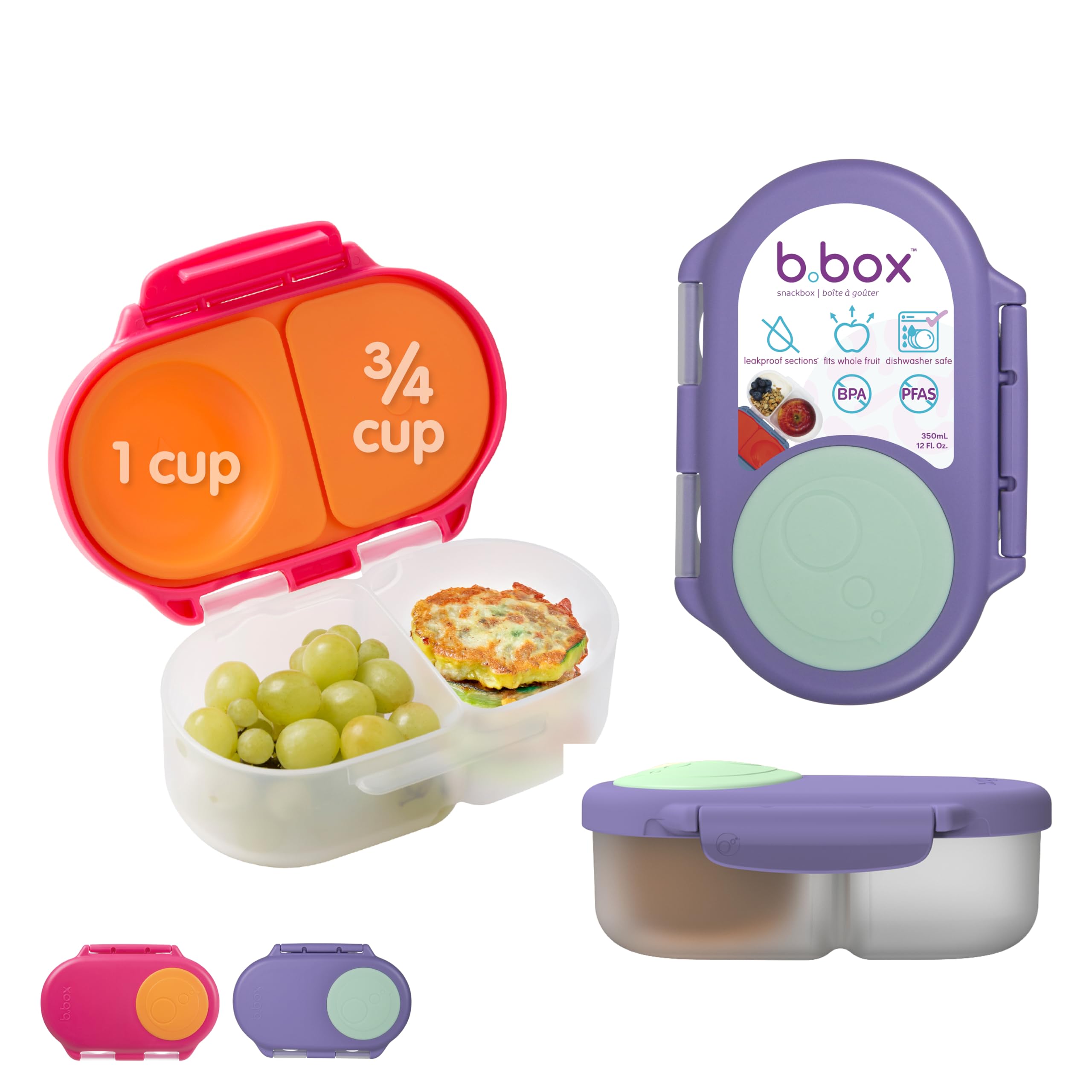 b.box Snack Box (2-pack) Reusable Snack Containers with Lids – Bento Box for Kids & Toddlers, Leakproof Lunch Box, BPA-Free and Dishwasher Safe Snack Container (S'shake + Lilac Pop, 1 3/4 Cup)