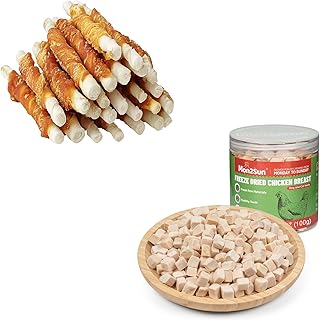MON2SUN 5 Inch Rawhide Twist Chicken Hide Sticks 25 Count for Small Dogs & Freeze Dried Chicken 3.5 Ounce for Dogs and Cats
