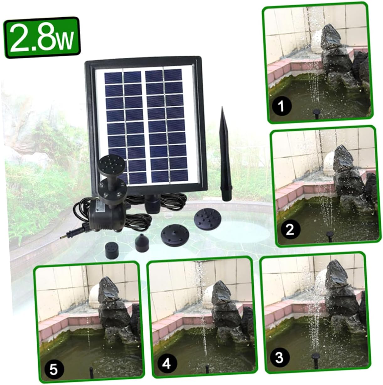 2.8w Solar-Powered Water Pump Fountain for Garden Patio Spray Heads Led Lights Submersible Pump for Aquatic Decor