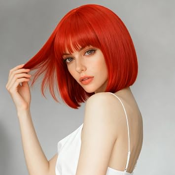 Hot Red Short Bob Wig with Bangs Synthetic Straight Hair Wigs for Women | Christmas Halloween Costume 14 Inch Cosplay Costume Bob Wig 14 Inch colorful wigs funny wigs anime wig anime wig pelucas