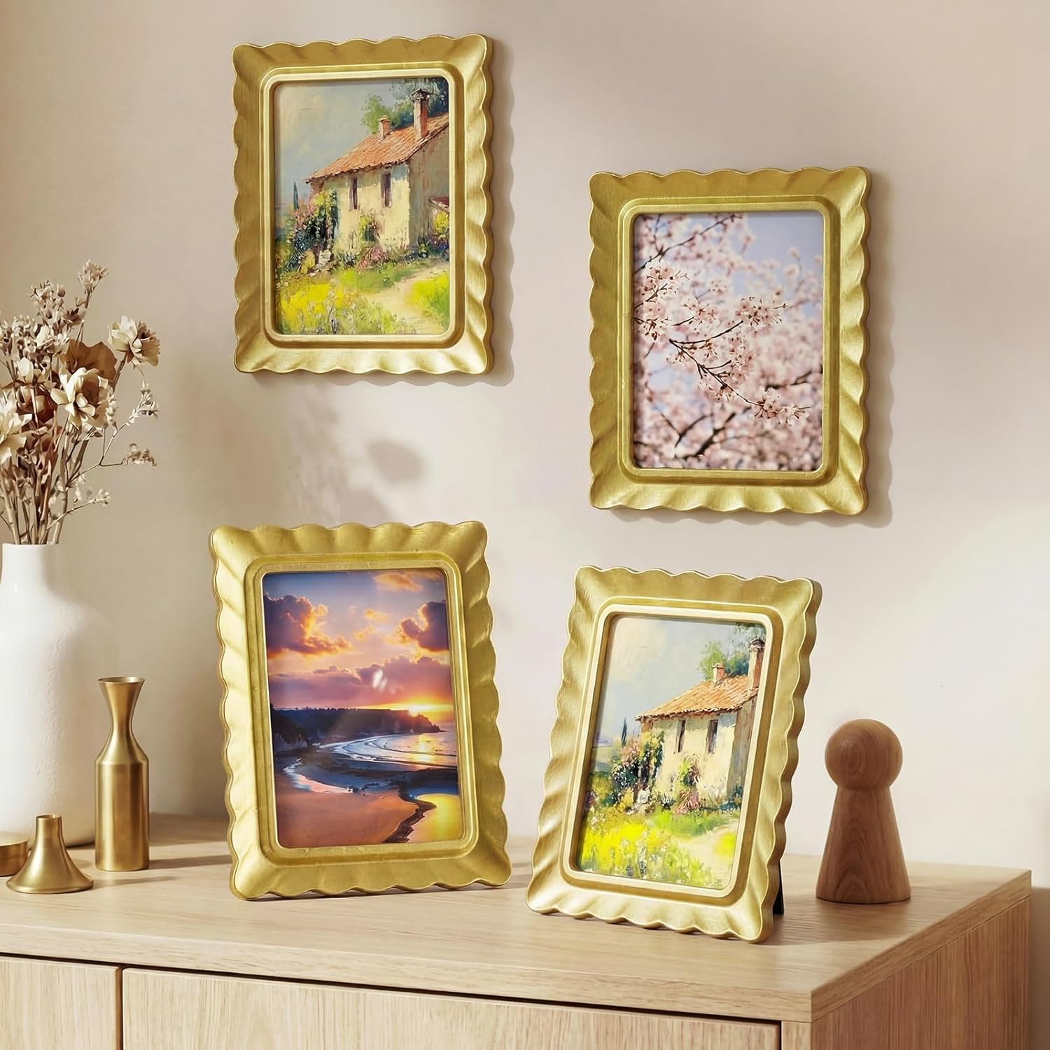 Novabright 4 Set 5 x 7 Scalloped Picture Frame with Mat 3D Scalloped Edge Wooden Photo Frames with Real Glass - Wall Mount and Tabletop Display for Home Decor Wedding Gifts, Golden