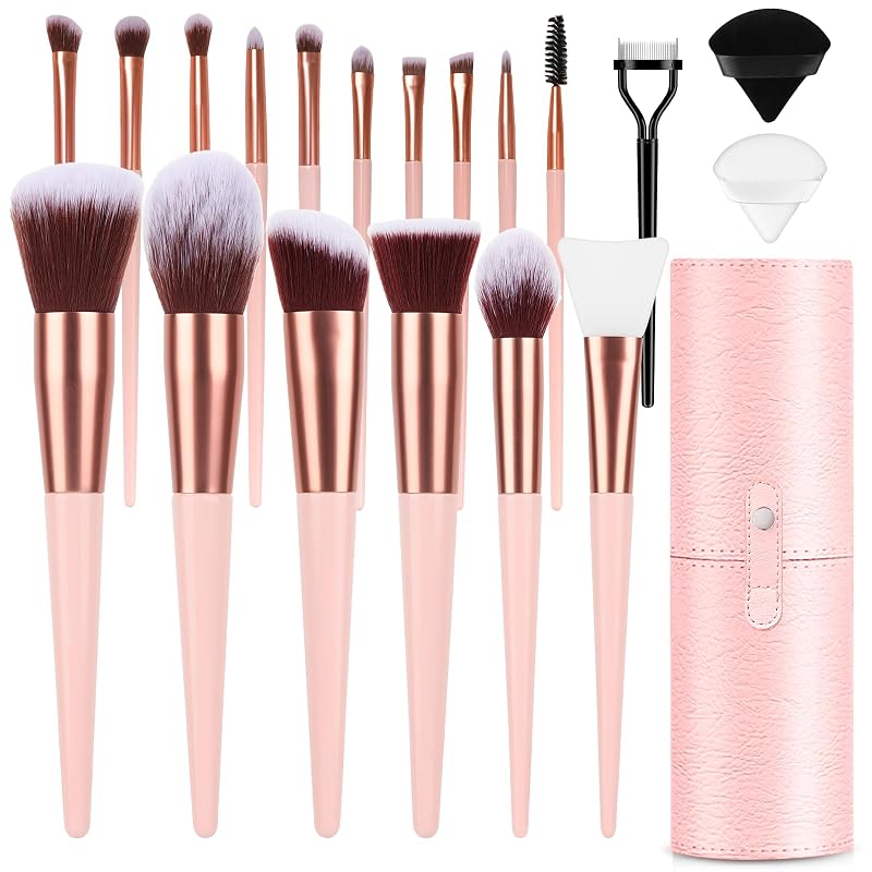 Kit de Pincéis de Maquiagem LUXBRU com 17 Peças, Pink, Estojo de Viagem