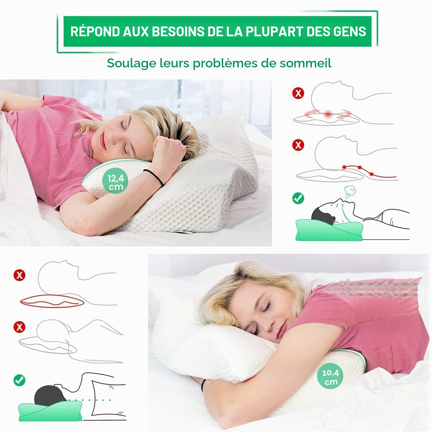 Elviros Oreiller Cervical en Mémoire de Forme Ergonomique Soutien Nuque | Adapté pour Dormir sur Le Côté, sur Le Dos et sur Le Ventre, Coussin Ergonomiques Cervical pour la Nuque, 64x38x12,5cm