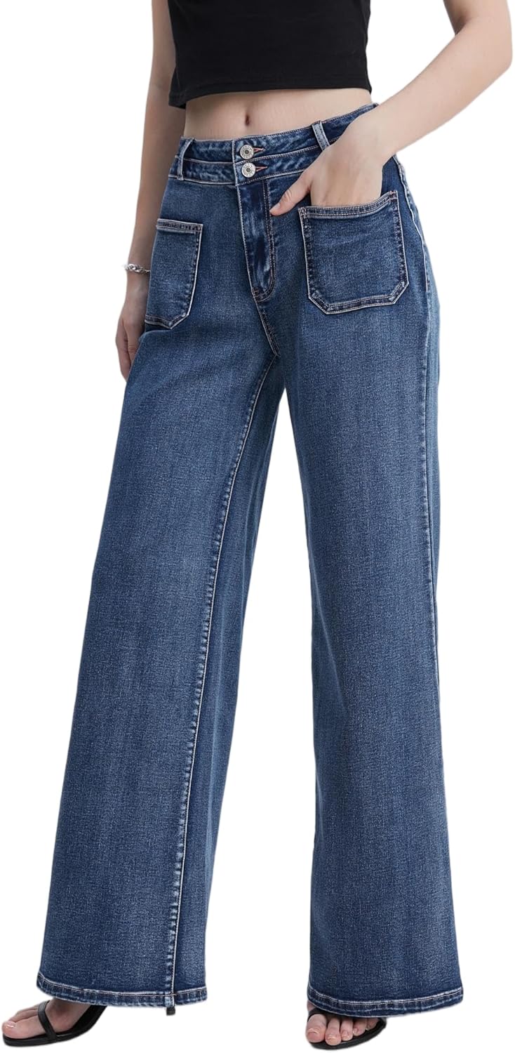 ZMTUO Women's High Waist Wide Leg Jeans Stretchy Loose Denim Pants with Two Button Detail