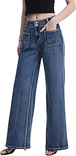 Pantalones de mezclilla de cintura alta y pierna ancha para mujer, elásticos, holgados, con detalle de dos botones