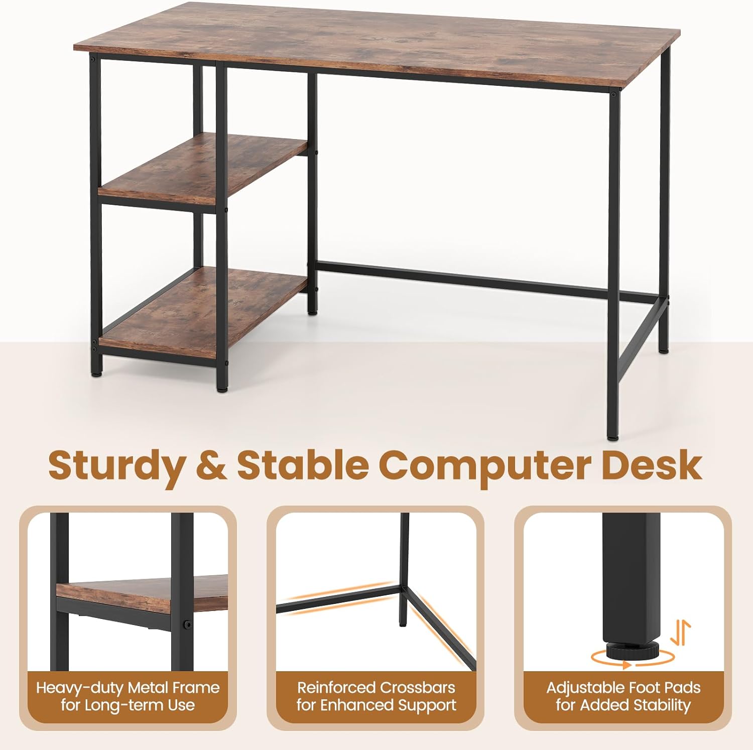 Computer Desk, Large Gaming Desk with Storage Shelves and Metal Frame, Study Desk for Bedroom, Work Desk for Home Office, Writing Desk for Small Spaces (Rustic Brown, 47'')