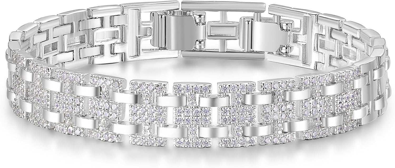 14K Sliver Plated Cubic Zirconia Bracelet For Men and Women, 7mm Watch Link Bracelet | Metal link bracelet |Suitable for holiday gifts