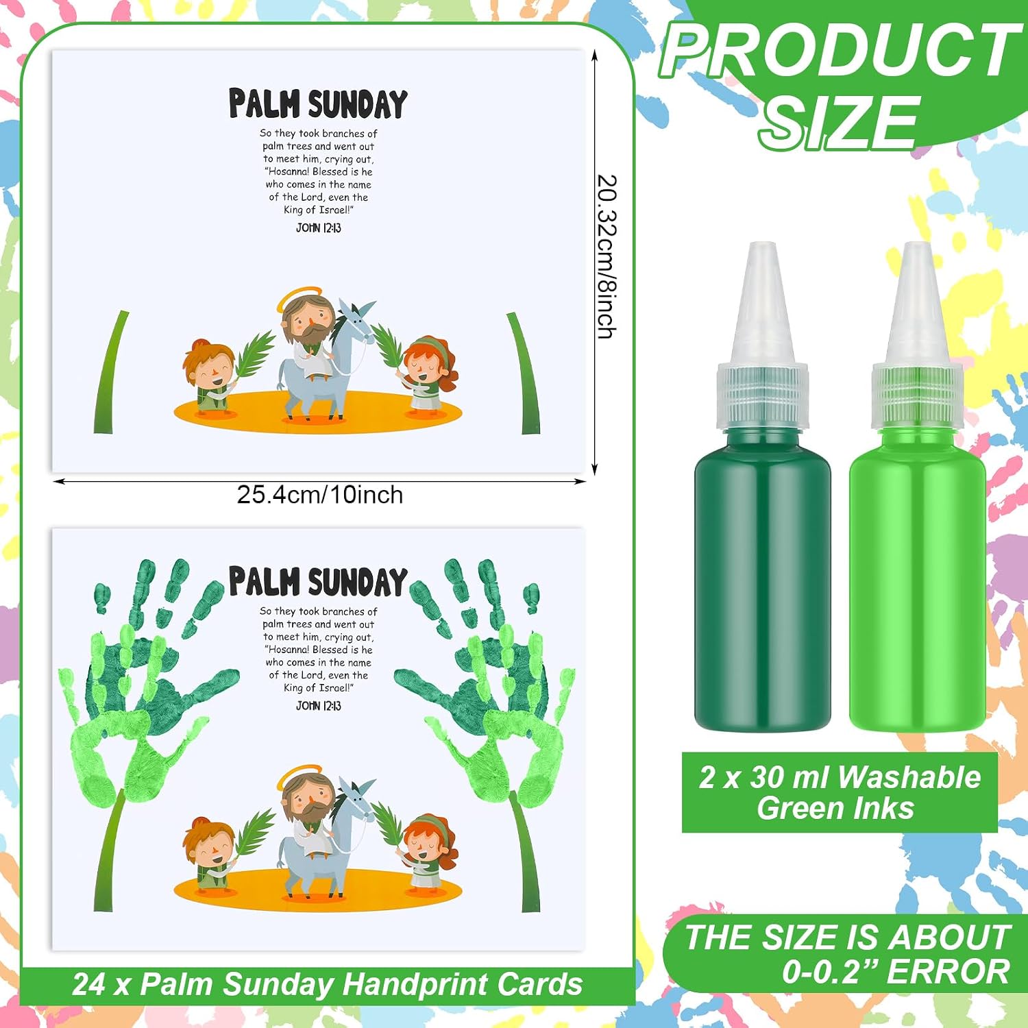 Fullhawl 24 Pcs Palm Sunday Crafts Religious Handprint Craft Kit DIY Christian Palm Leaf Greeting Cards Making Kit with Washable Green Ink for Home Party VBS Activities