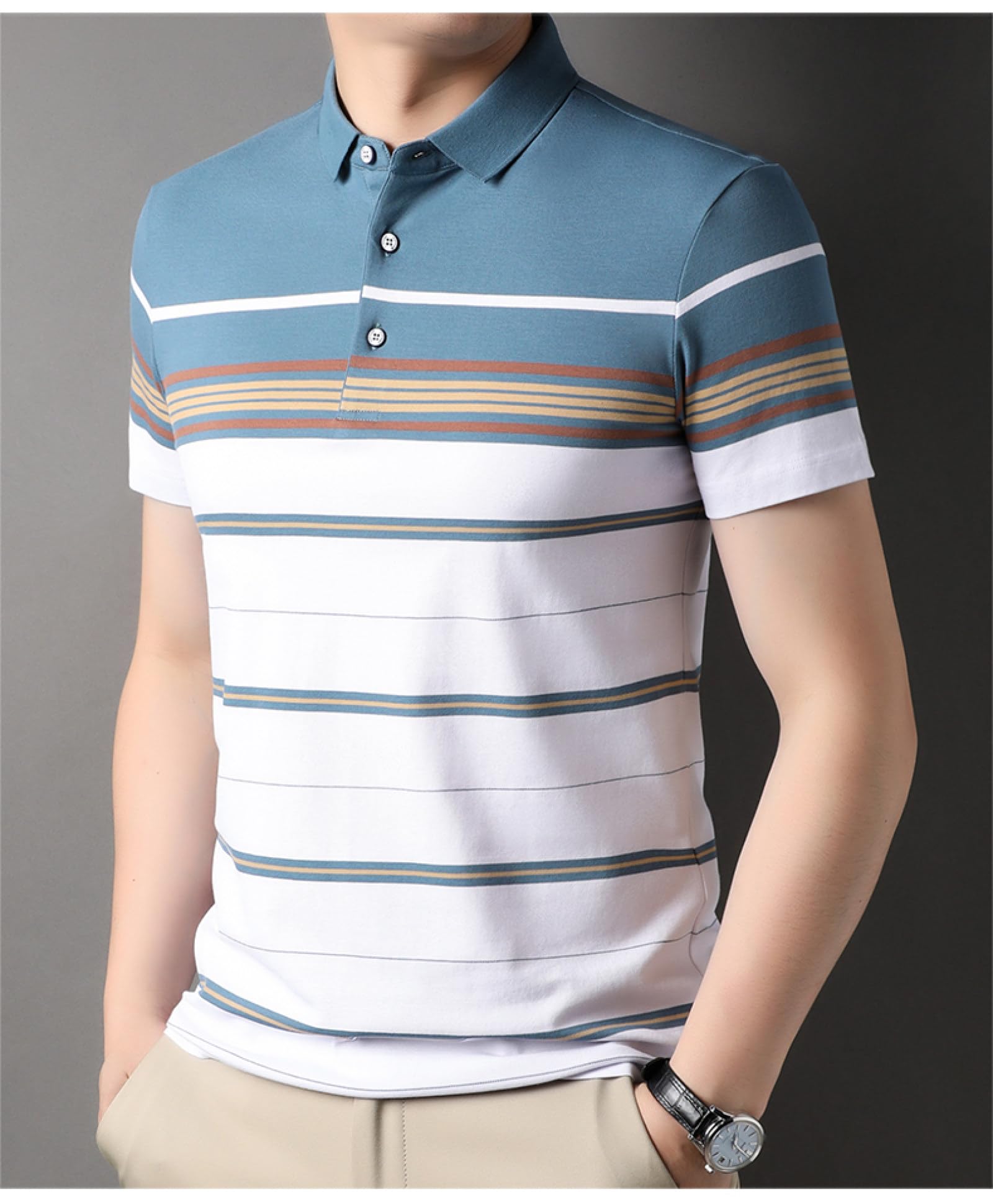 Moda Casual - Polo da Lavoro Slim da Lavoro Estiva Estiva Spogliata di Lusso in Cotone con 3 Bottoni per Uomo Top A Maniche Corte Moda Abbigliamento Uomo