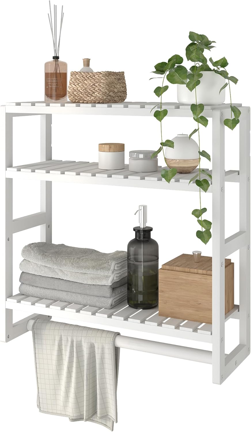 Bamworld Over The Toilet Storage Adjustable 3 Tiers Floating ShelvesBathroom Storage Shelves Organizer for Wall Mounted with Hanging Rod (White)
