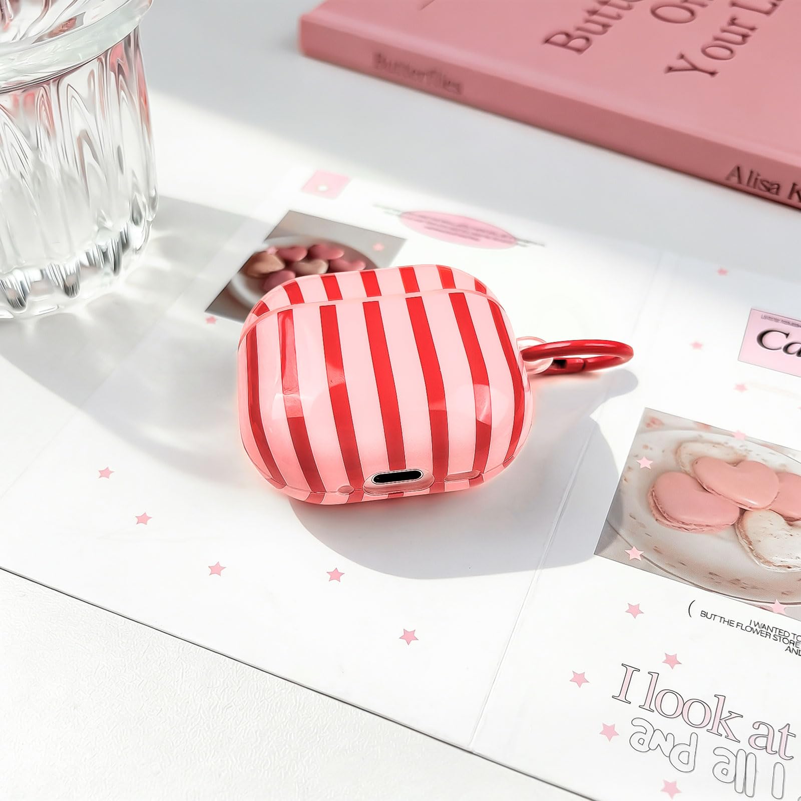 Compatible avec Coque AirPods 4 Génération avec Kit Nettoyage, Étui Housse Mignon Fashion Rayures Motif Esthétique Stripes Design, Antichoc Porte - Clés Couvercle Soft Etui - Rouge