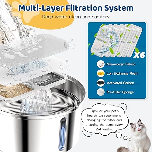 Miniatura 8 de Fuente de agua para gatos, dispensador de acero inoxidable inalámbrico para mascotas, fuente para beber en el interior, fuente automática de 108