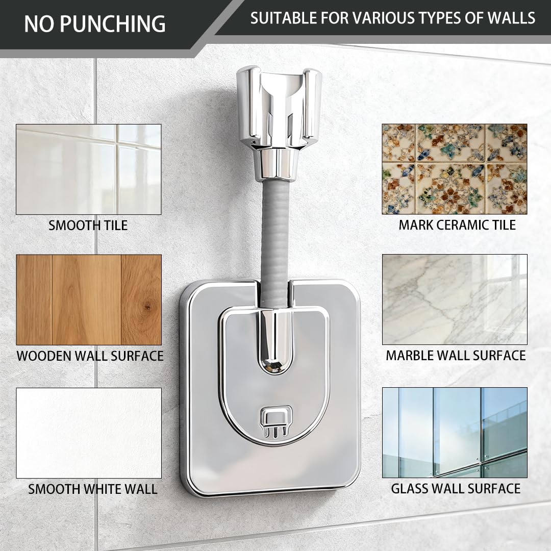 360° Adjustable Shower Head Holder – No-Drill Self-Adhesive Bracket With 10 Cleaning Brushes, Installs In Seconds, Silver Chrome, Holds 10kg