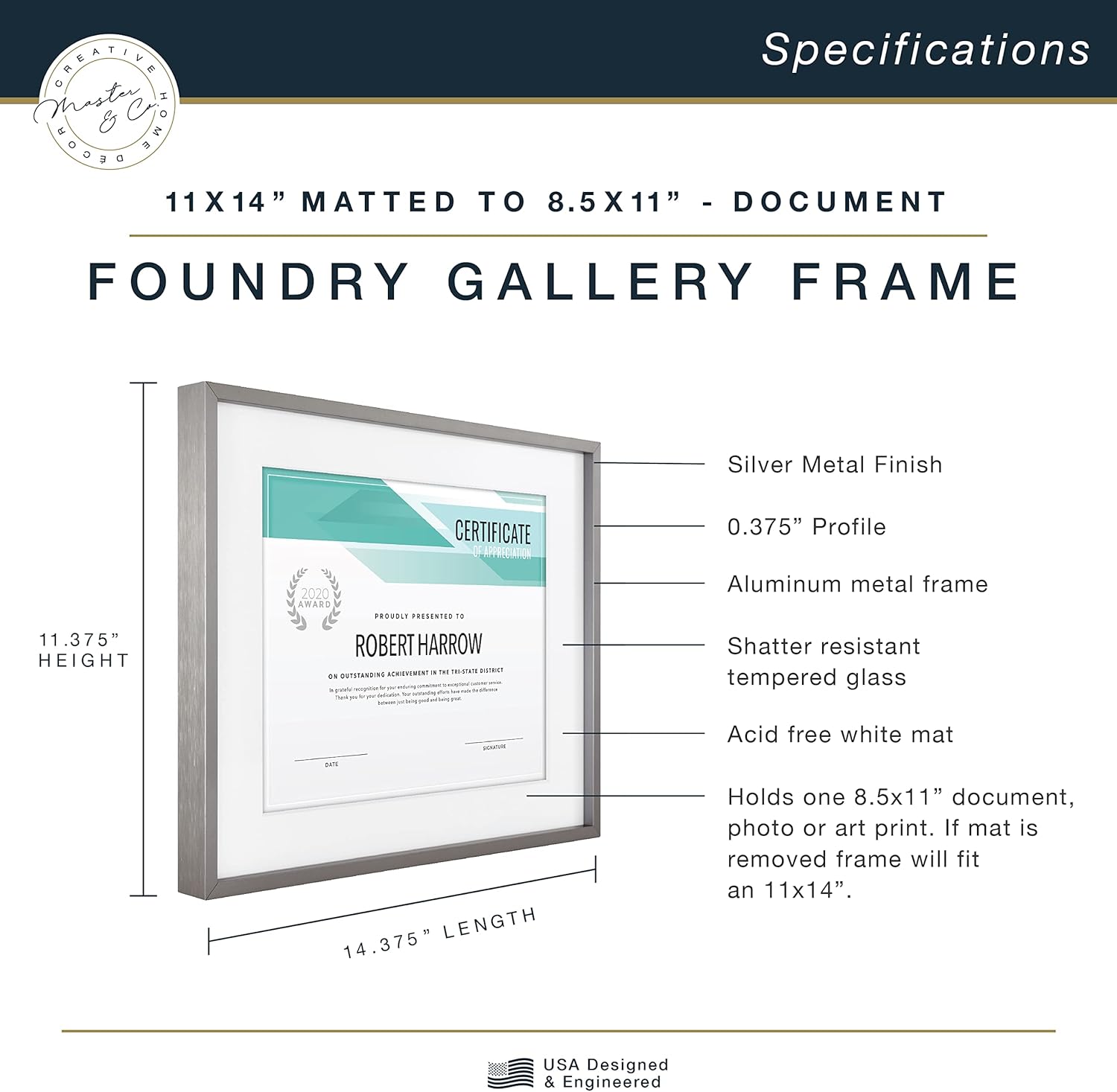 MCS Master & Co. Foundry Metal 11x14 Matted Picture Frame with 8.5x11 Photo Display, Dark Silver Vertical & Horizontal Wall Hanging Frame for Photos & Artwork (1-Pack)