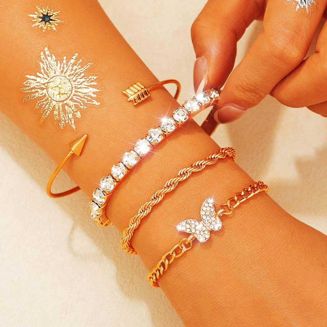 Boho Gold Butterfly Chain Bracelets Set Plated Multiple Layered Stackable Open Cuff Wrap Bangle for Women(4Pcs) - Image 5
