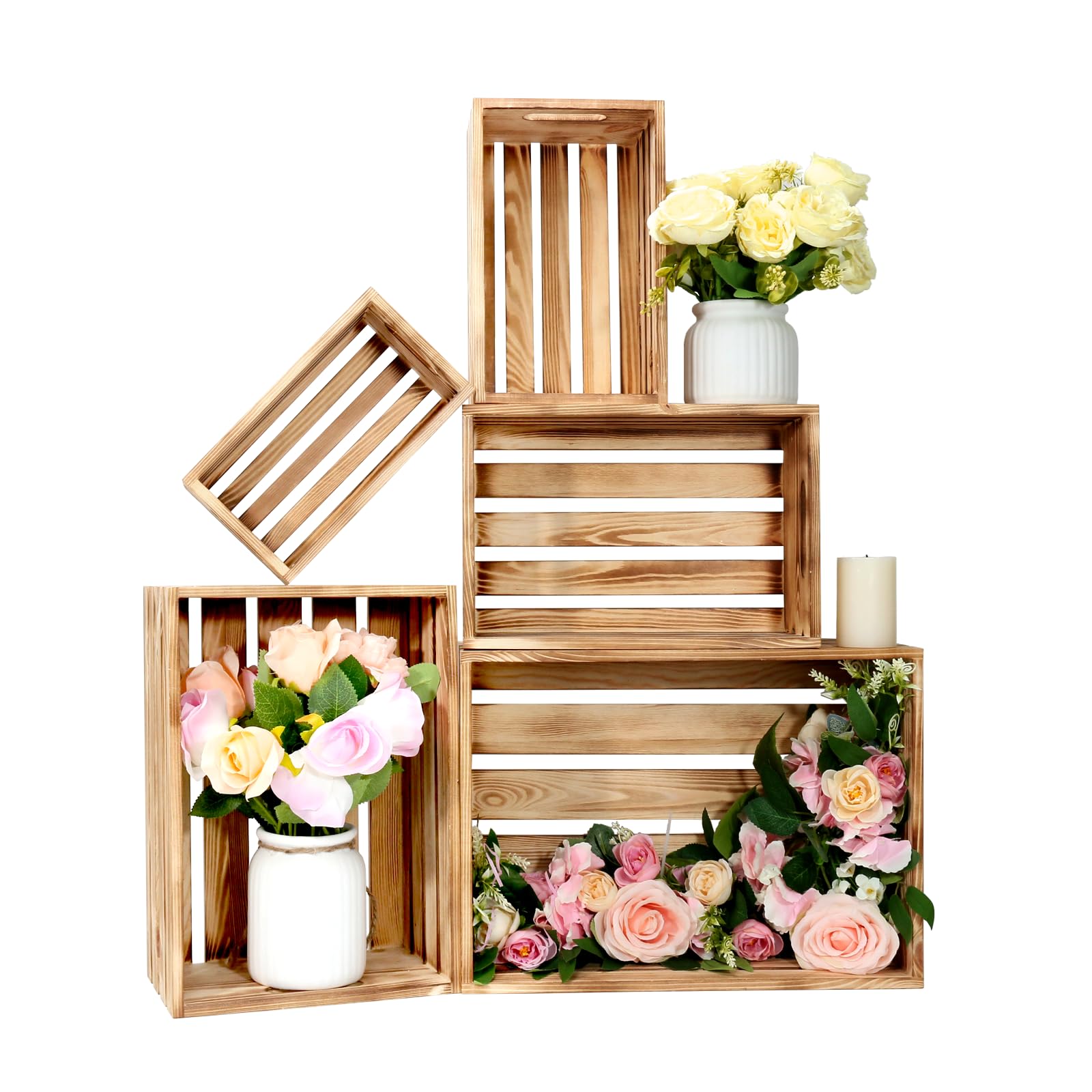 5 cajas decorativas de madera para exhibición, cesta grande de madera de granja de 5 tamaños para contenedores de almacenamiento y decoraciones, cajas de anidación rústicas con asa