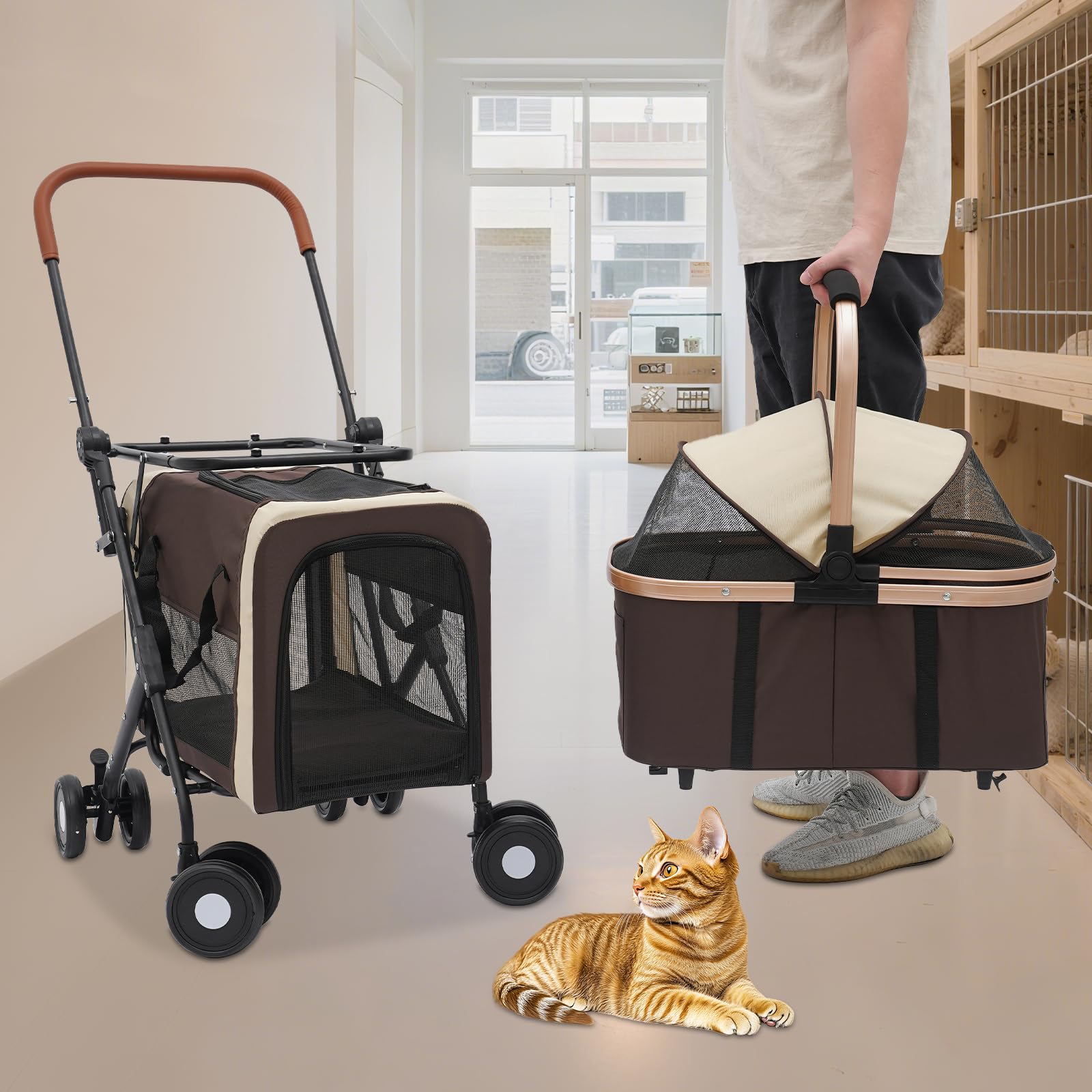 Foldable Stroller for 2 Dogs & Cats, Double Pet Stroller for Dogs and Cats with 2 Detachable Carriers, Easy Assembly Double Dog Strollers One Hand Foldale Kittens Puppies Travel Strolling Cart Coffee