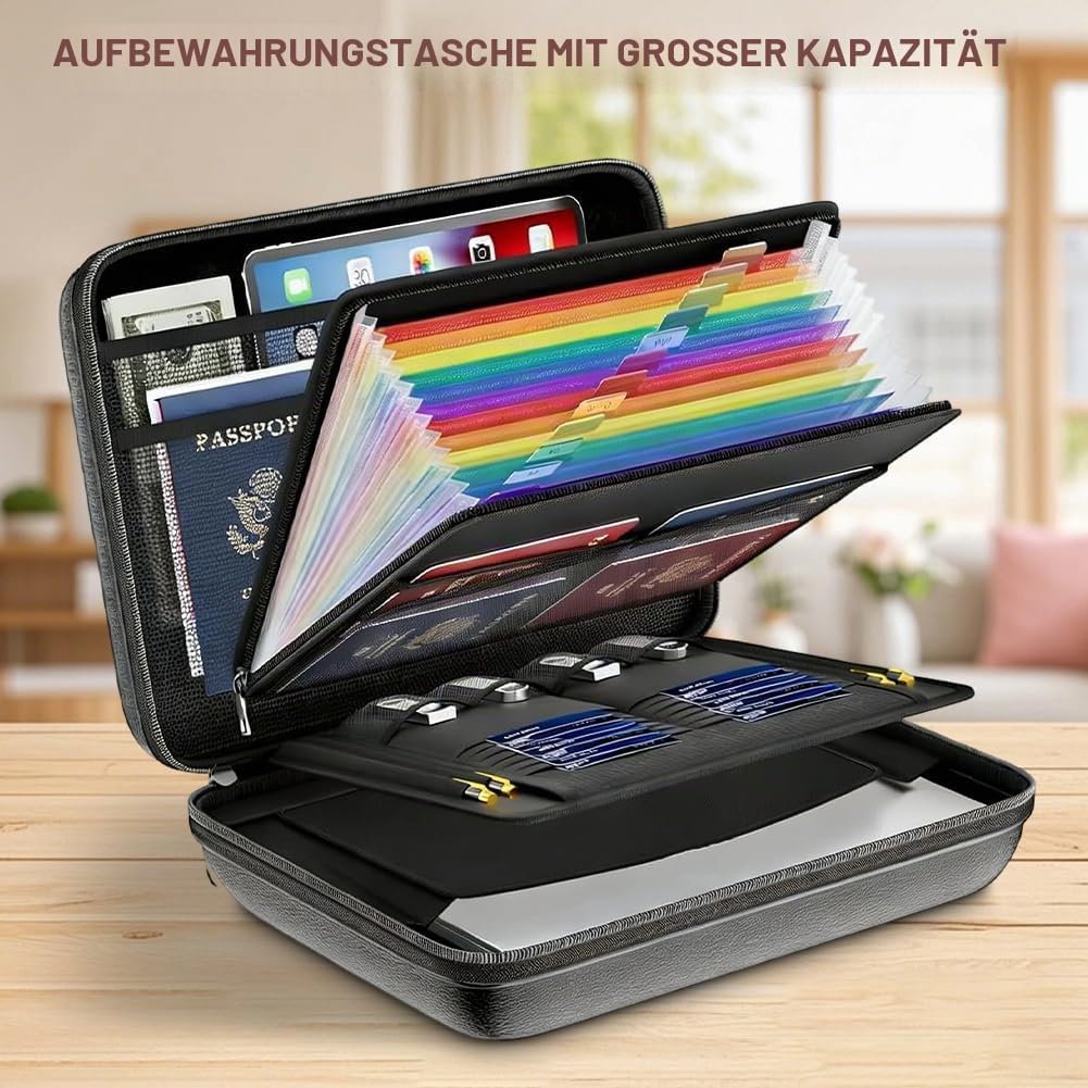 Feuerfeste Dokumententasche Aktenkoffer mit Schloss, 13 Fächer Feuerfeste Aufbewahrungsbox, Tragbare Hartschale Dokumentenbox Aktenorganizer