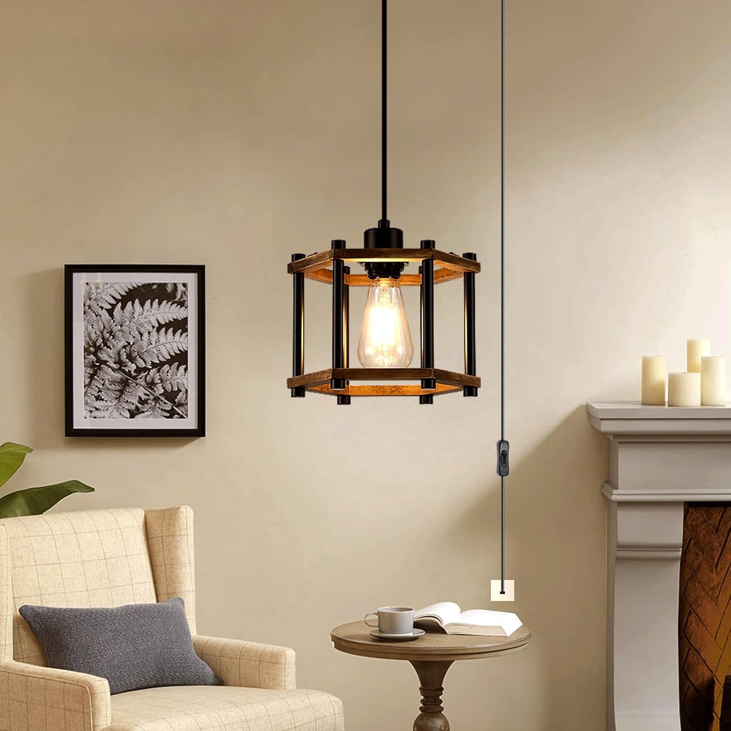 Dijiahua Rustic Farmhouse Plug in Pendant Lights Kitchen Island 1 Pack,1-Light Small Cage Wood Chandelier Light Fixture for Dining Room,Hanging Light with Adjustable Cord On/Off Switch for Hallway