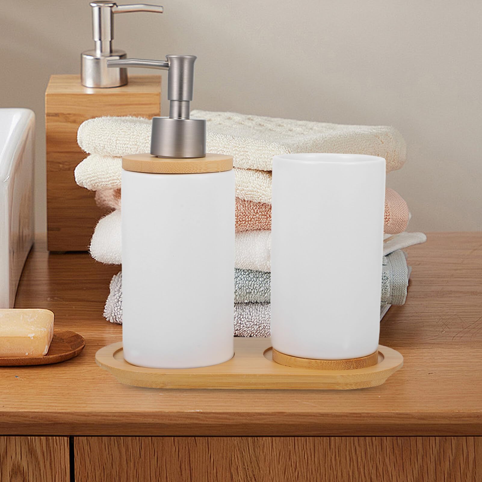 ABOOFAN Set Di Accessori Per Il Bagno Tazza Per Spazzolino In Ceramica Dispenser Per Sapone Per Lozioni Con Vassoio In Bambù Organizer Da Bancone Del Bagno