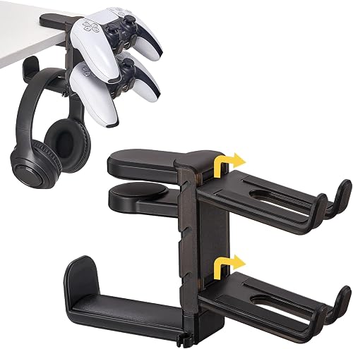 OrgaFocus 3-in-1 Under Desk Headphone Hanger with Dual Controller Holder, 360 Rotatable Hook and Cable Organizer for PS5 Xbox