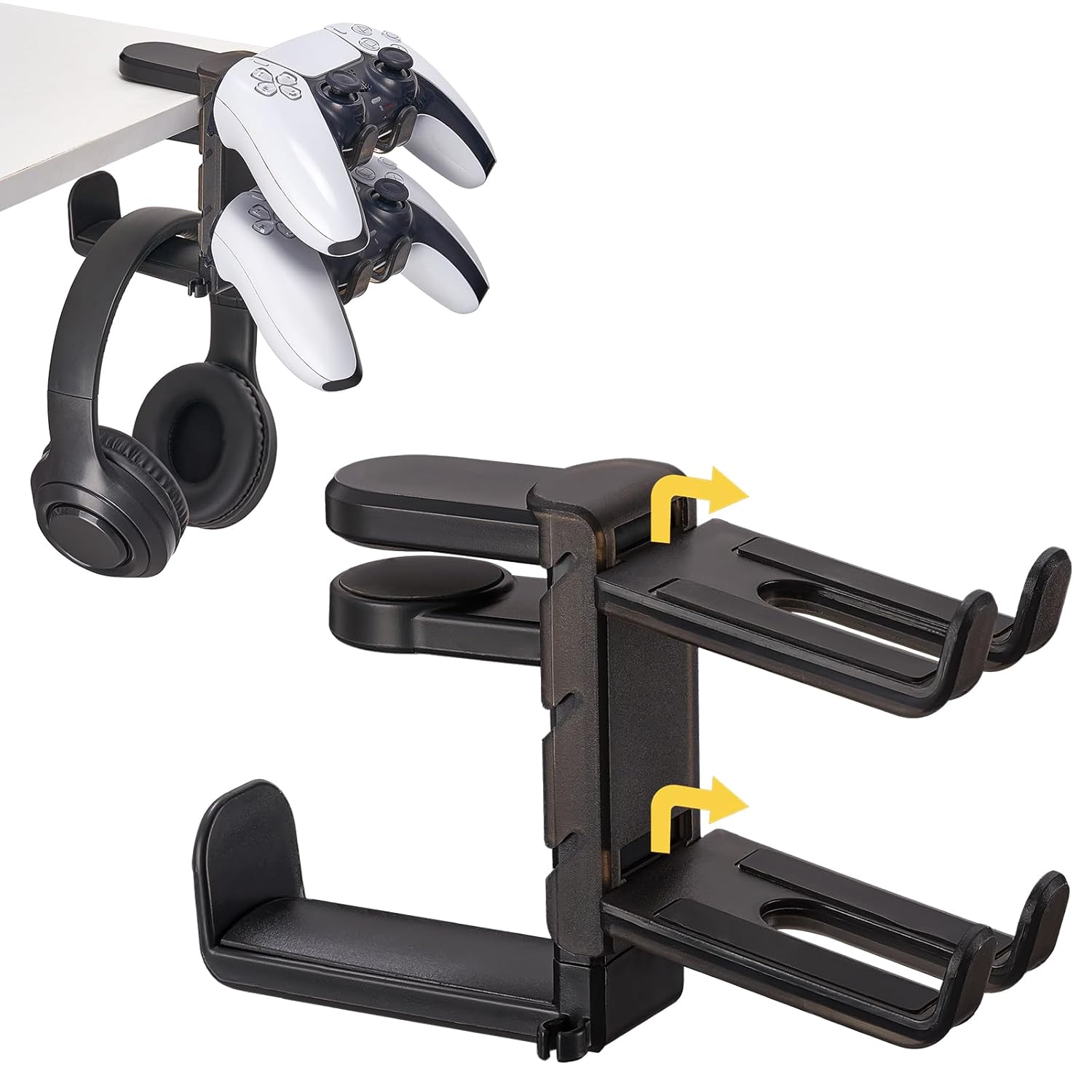3 in 1 Under Desk Headphone Hanger with Adjustable Clamp Mount 2 Controller Slots 1 Headset Universal Holder