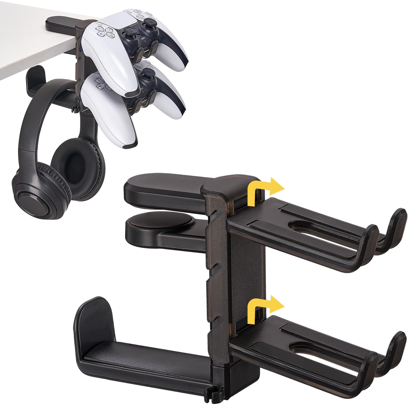 3 in 1 Under Desk Headphone Hanger with Adjustable Clamp Mount, 2 Controller Slots & 1 Headset Universal Holder Stand, Rotatable Hook Rack & Cable