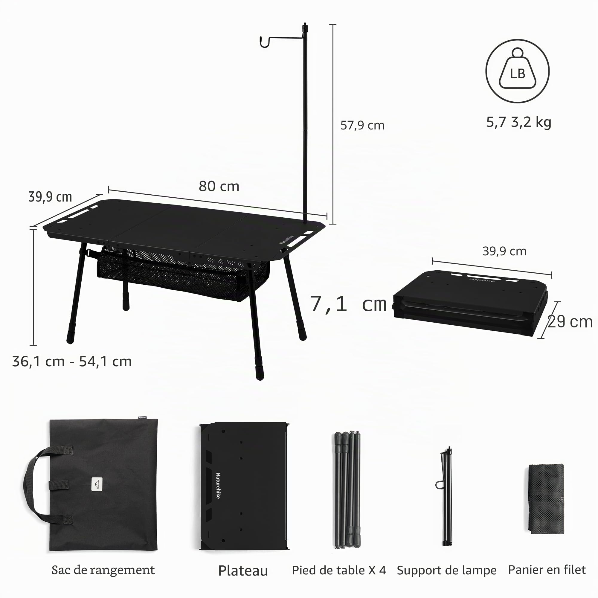 Naturehike Table de camping pliable en 3 parties – Table tactique robuste pour la maison, la cuisine, les pique-niques et l'extérieur, pliable, idéale pour le camping et l'utilisation quotidienne