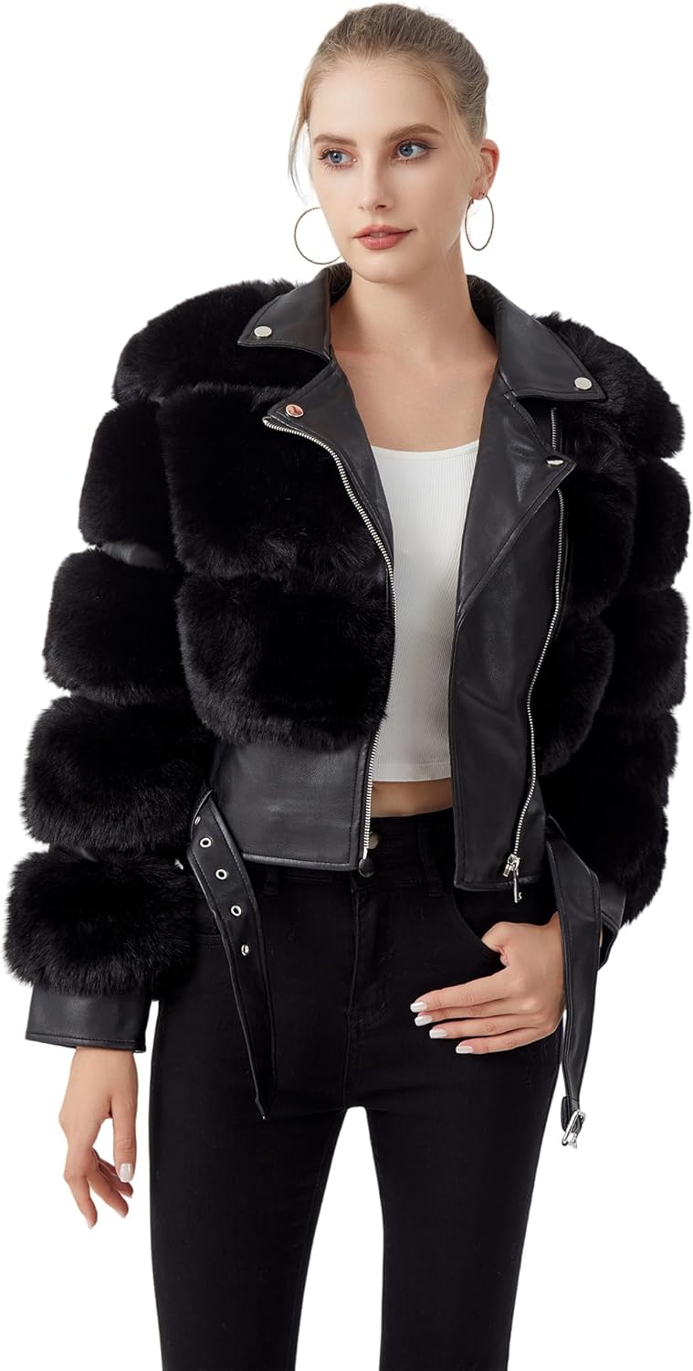 GRAN ORIENTE Women's Moto Style Cropped Faux Fur Jacket,Faux Leather Belted Biker Coat,Zip Up Plush Winter Outerwear - Image 6