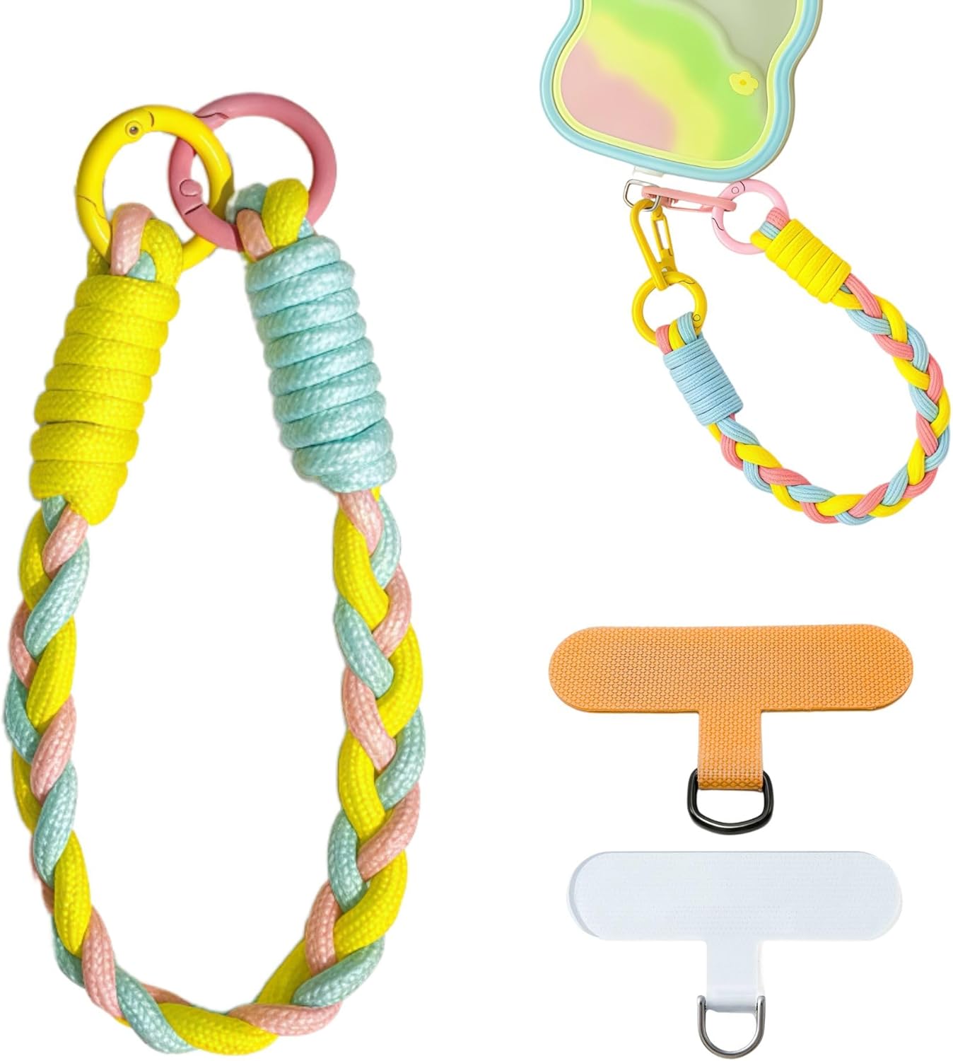 KIMAGIC Dopamine Minimalist Wrist Strap Phone Lanyard, Anti-Drop, Includes 2 Types of Phone Tabs (Clear & Matching Nylon) (06 Sunset Gradient Yellow-Blue-Pink)