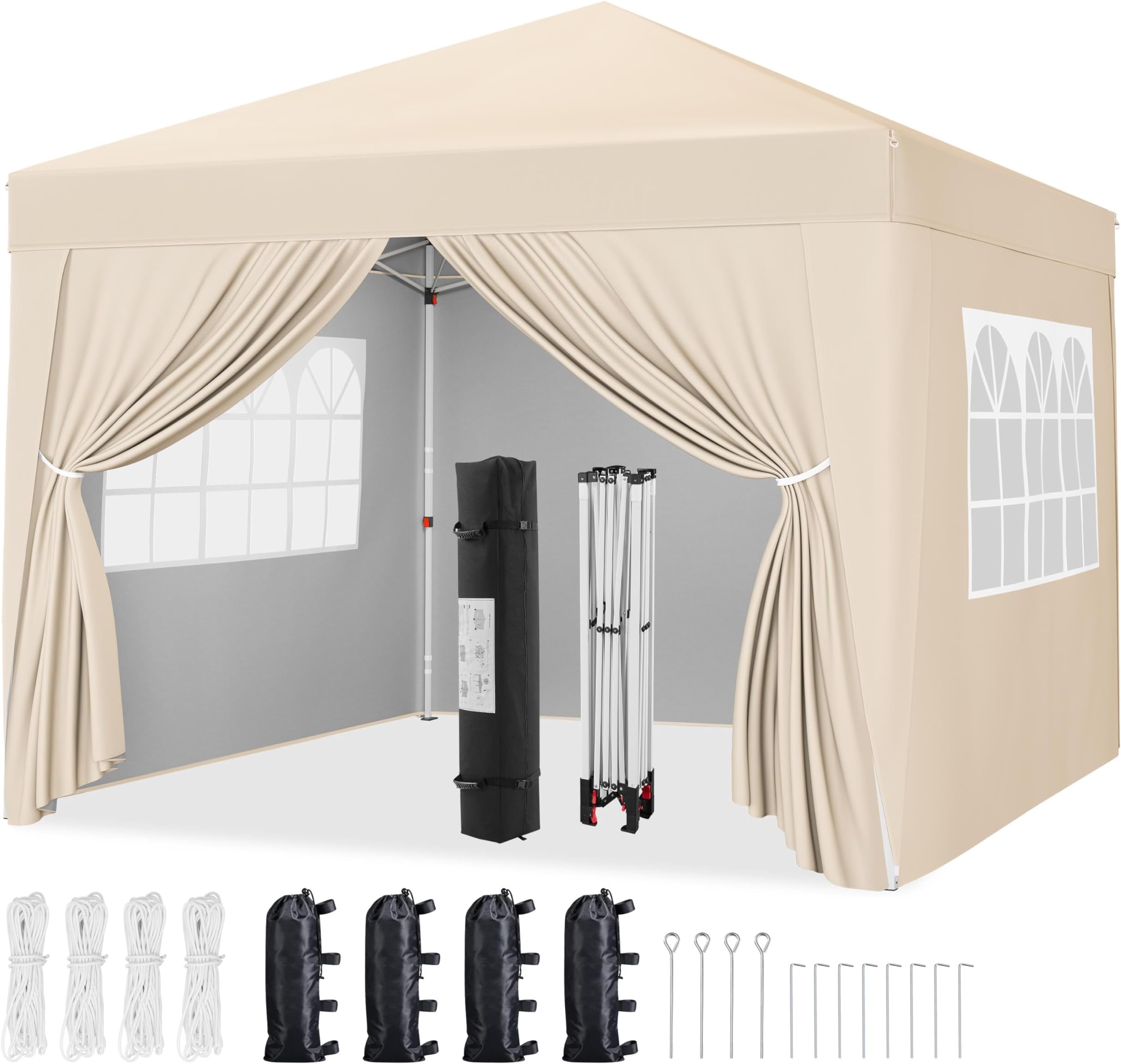 Yaheetech 10x10 Pop Up Canopy Tent with 4 Removable Sidewalls, Beige | Equipped w/ 4 Detachable Privacy Sidewalls and Matching Wheeled Carry Bag, Great for Beach Trips Outdoor Parties & Backyard