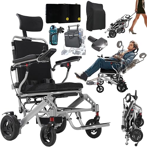 2025 New Reclining Electric Wheelchair for Adults, 30+ Miles Long Travel Range All Terrain Power Wheelchair with 2 Li-ion Battery, Lightweight Foldable Motorized Wheel Chair, with Headrest, Telescopic