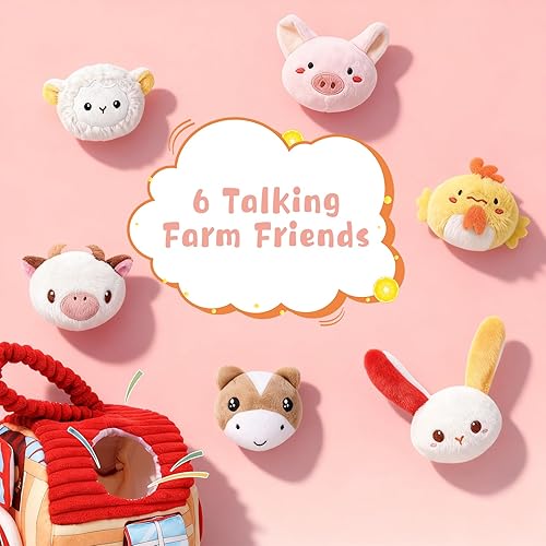 Miniatura 7 de Juguetes para bebés de 6 a 12 meses, animales de granja rellenos de granero con sonidos y anillo, juguetes de animales de peluche con espejo