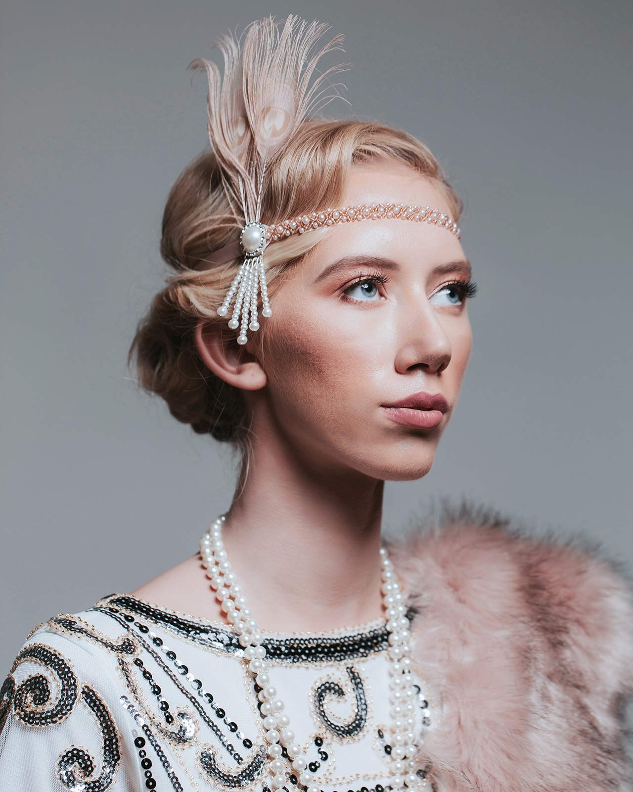 1920s Flapper Headband Pearl Rhinestone Headpiece Bridal Hair Accessory Shop 1920s Headpieces - Pearl Chain Cap Headpiece | BABEYOND main image 3