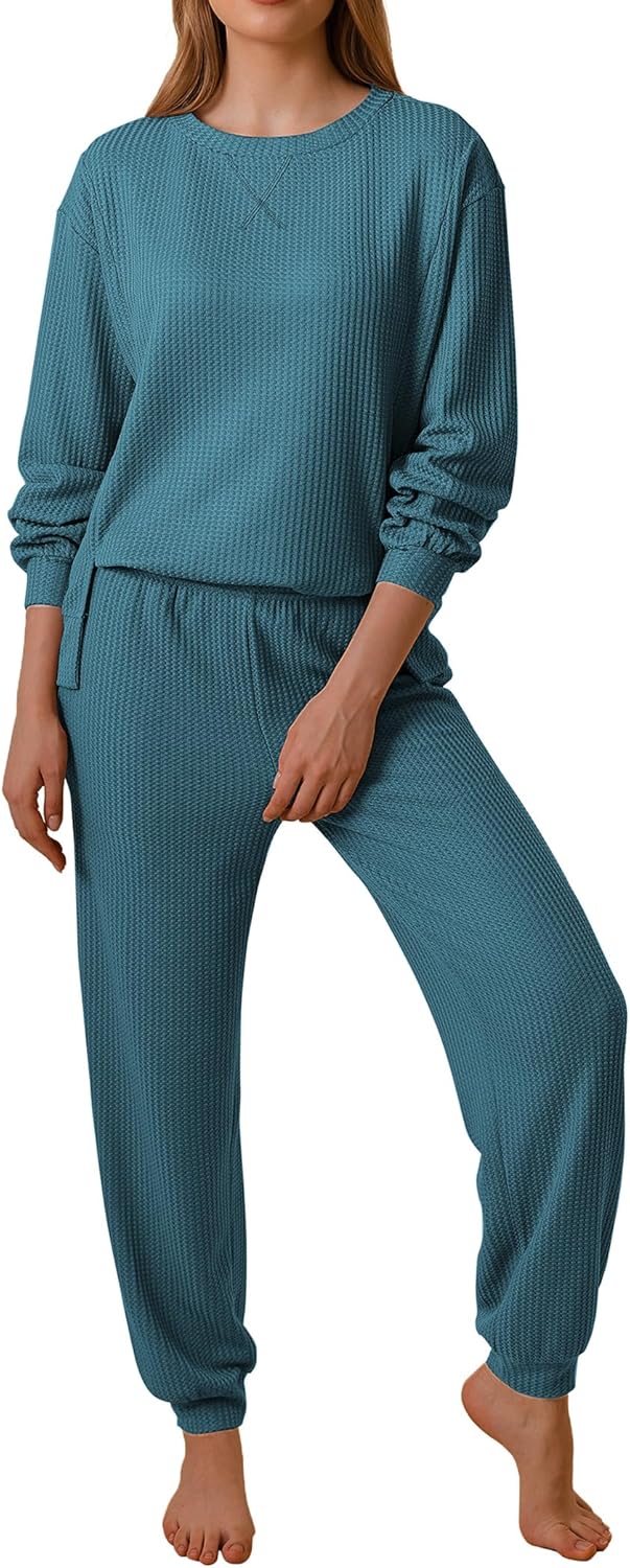 Ekouaer Waffle Knit Lounge Sets for Women Long Sleeve Pajamas Set with Pockets 2 Pieces Outfits Top and Pants