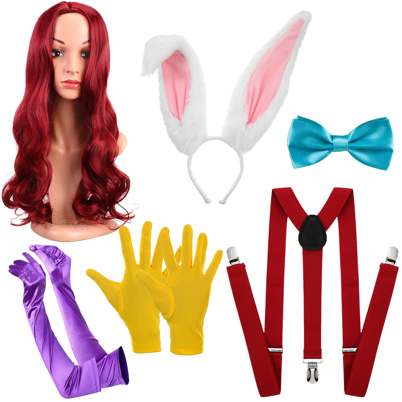 Lyrow 6 Pcs Easter Bunny Rabbit Costume Accessories for Adults Women Men Couples Include Red Wig Bunny Ears Headband Bow Tie Y Back Suspenders Long Purple Gloves Yellow Gloves for Rabbit Cosplay Set