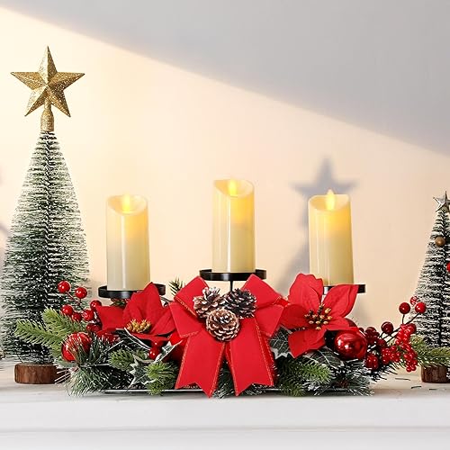 Miniatura 9 de Centro de mesa de candelabro triple de Navidad con velas LED, cadena de luces, arco, conos de pino, para decoración del hogar