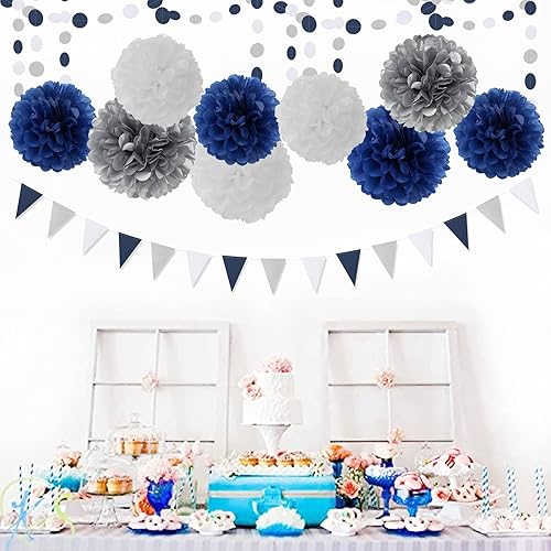 Miniatura 7 de Decoraciones de fiesta de pompones de papel de seda  15 piezas de 5 tamaños azul marino blanco plateado flores de papel plateadas, decoración de