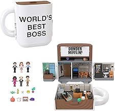 Polly Pocket x The Office Compact Playset 6 Character Dolls and 9 Accessories, Collectible Partnership Toy, Coffee Mug Exterior, JCC19