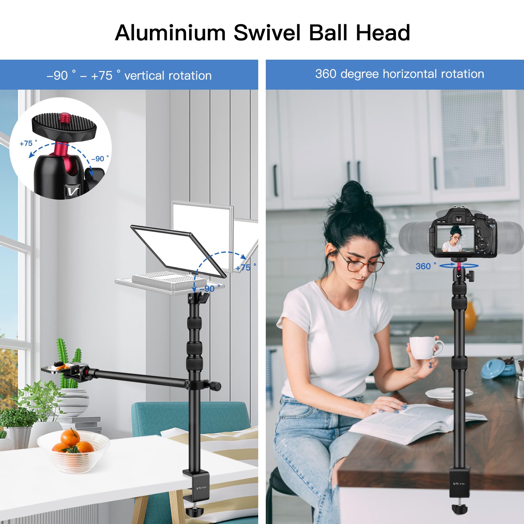 JUSTOP Treppiede In Alluminio Con Testa A 3 Vie E Supporto Per Smartphone - Per Fotocamere DSLR, Action Cam E IPhone